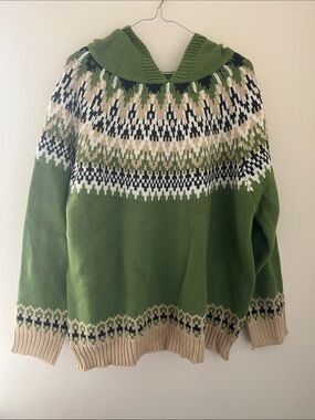 SHEIN Green Fair Isle Turtleneck Sweater with Cream and Black Pattern
